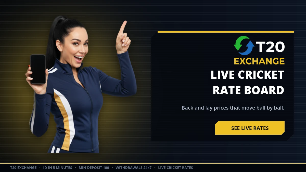 T20 Exchange live cricket rate board showing back and lay prices moving ball by ball